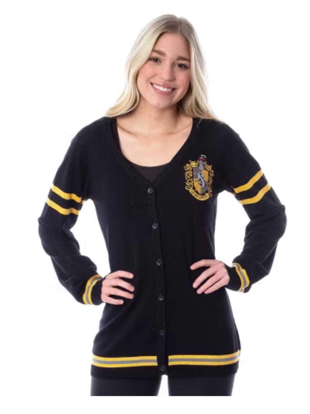 Harry Potter Womens Hufflepuff House Open Front Cardigan Juniors Knit Sweater